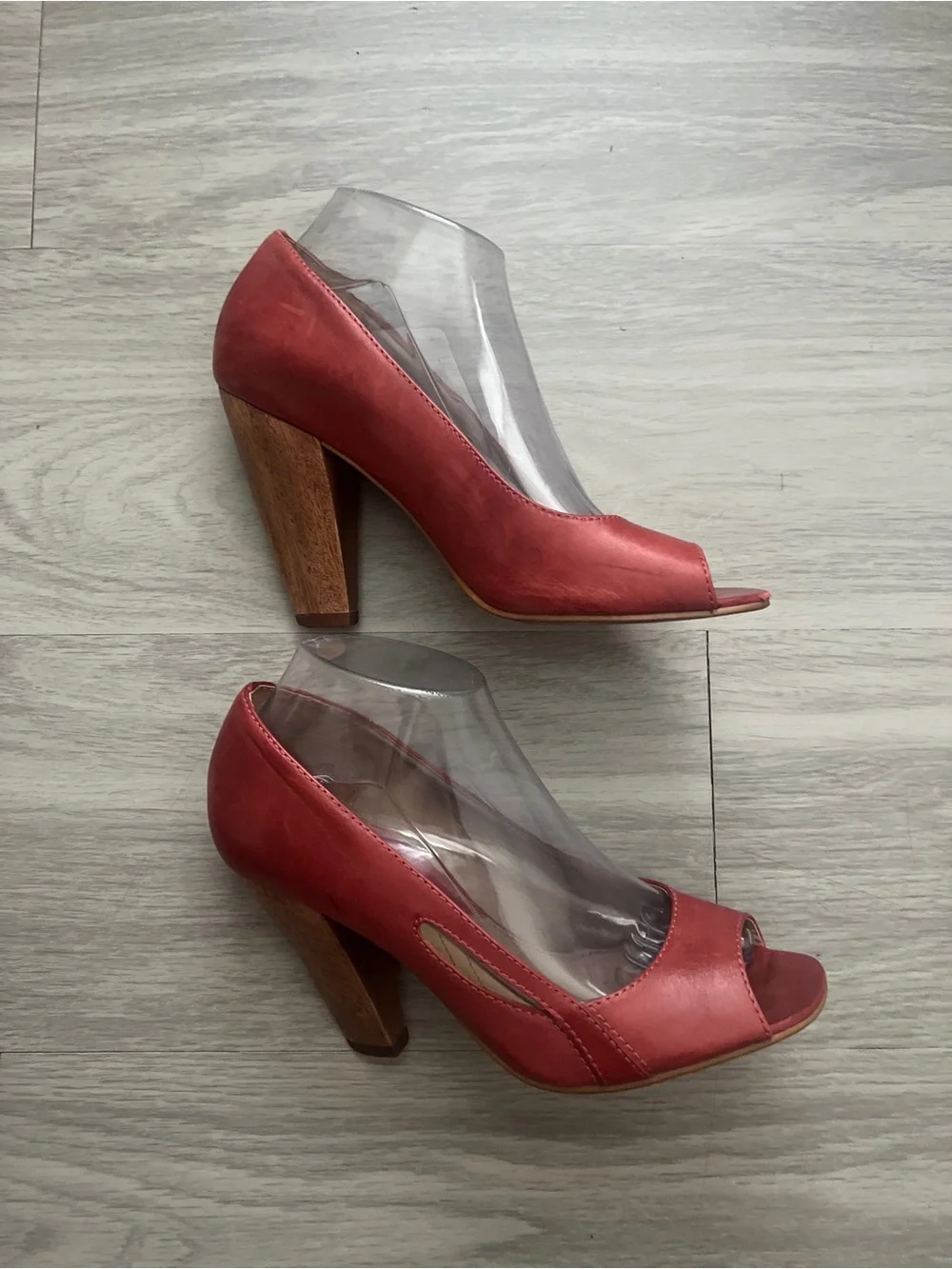 ALDO Coral Red Peep Toe Leather Block Heel Pumps Size 39